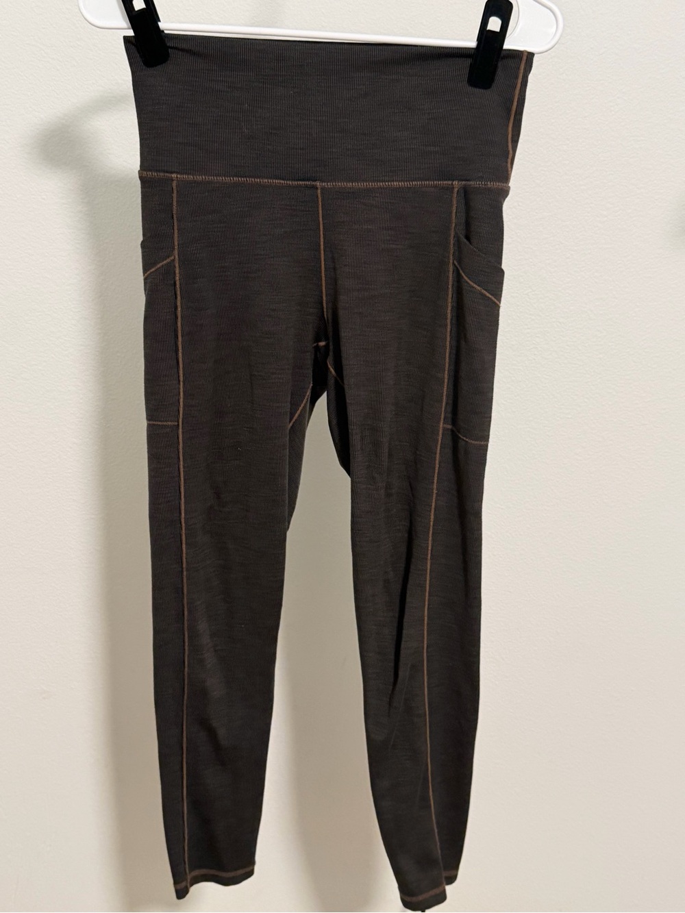 Prana Olive Ribbed Leggings with Tan Contrast Stitching